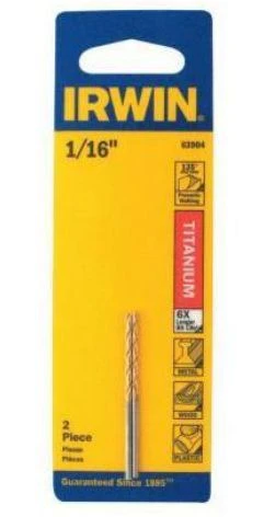 Irwin 1/16 X 1-7/8-Inch Straight Shank Titanium Nitride Coated High Speed Steel Jobber Length Drill Bit, 2-Pack